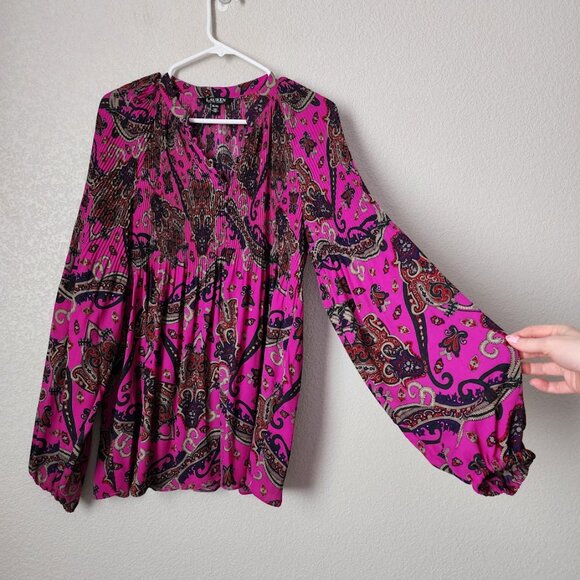 RALPH LAUREN Georgette Paisley Pleated blouse in purple XL - Picture 12 of 12